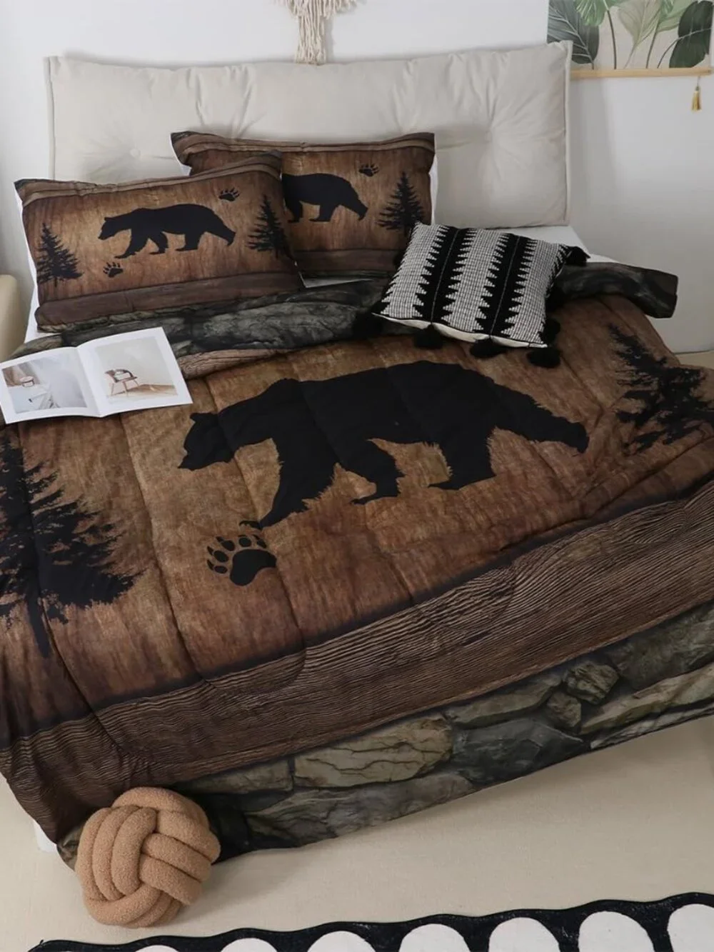 Rustic Bear Comforter Set Queen Size,Wild Animal Hunting Bedding Set 3pcs,Farmho